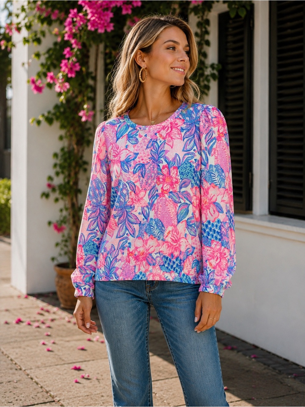 Lilly Pulitzer NWOT Pink & Blue Floral Long Sleeve Sweatshirt - Picture 2 of 9